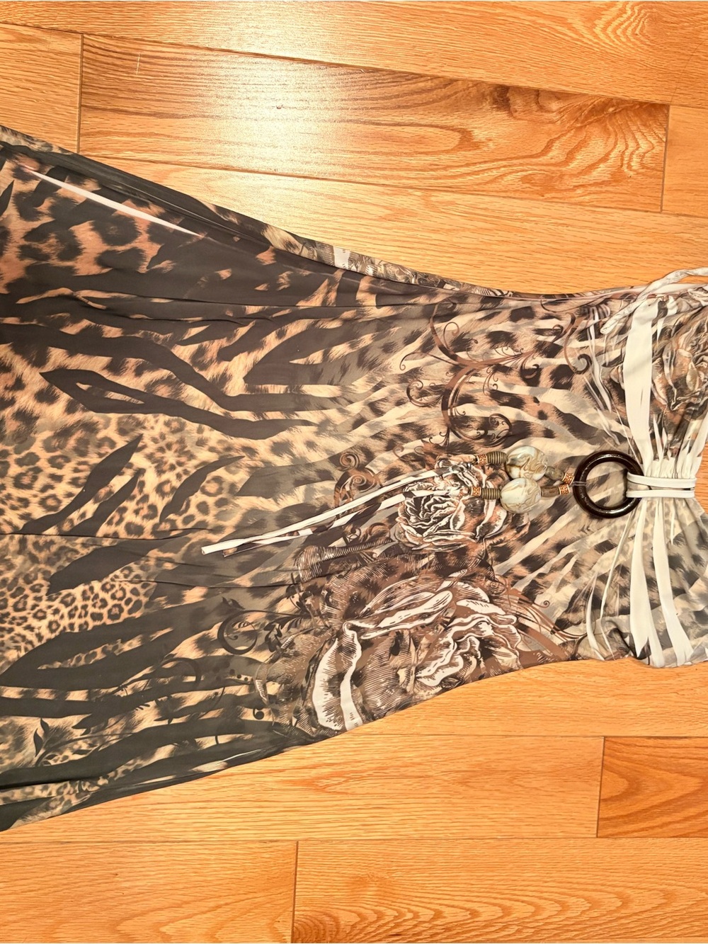 Animal Print Maxi Dress with Cinch Ring Detail - Brown & Black